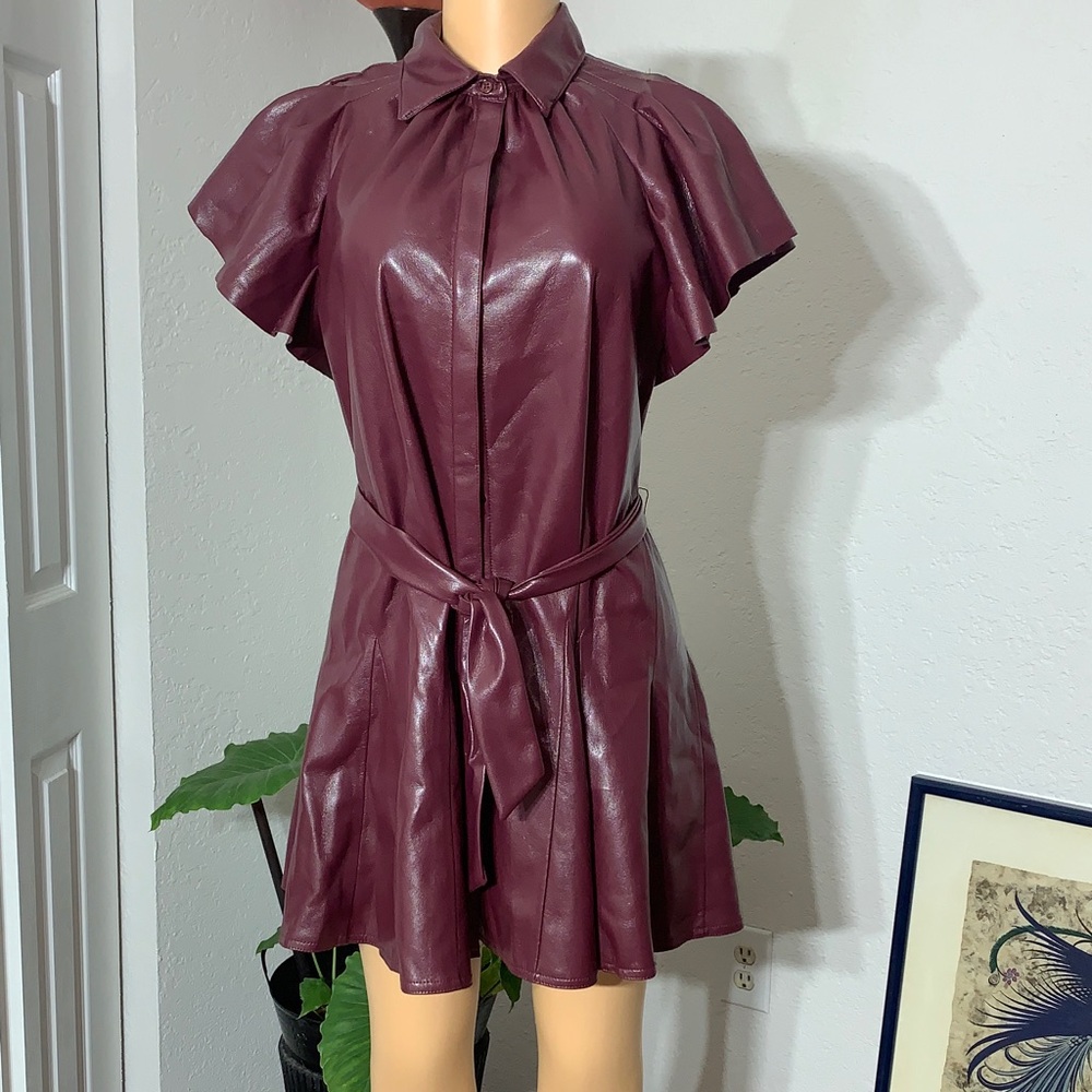 Elan Maroon Faux Leather Dress with Tie - Picture 3 of 8